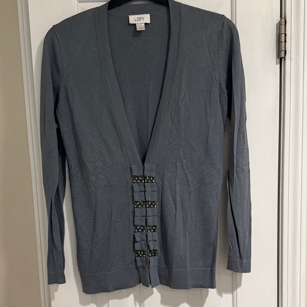 LOFT Women's Blue Cardigan with Embellished Detail